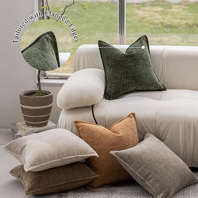 DWR Decorative Throw Pillow Covers Set of 2, 18x18 Crinkled Chenille Textured Cushion Covers for Couch, Sofa or Bed, Modern Rustic Home Accent in Dark Sage