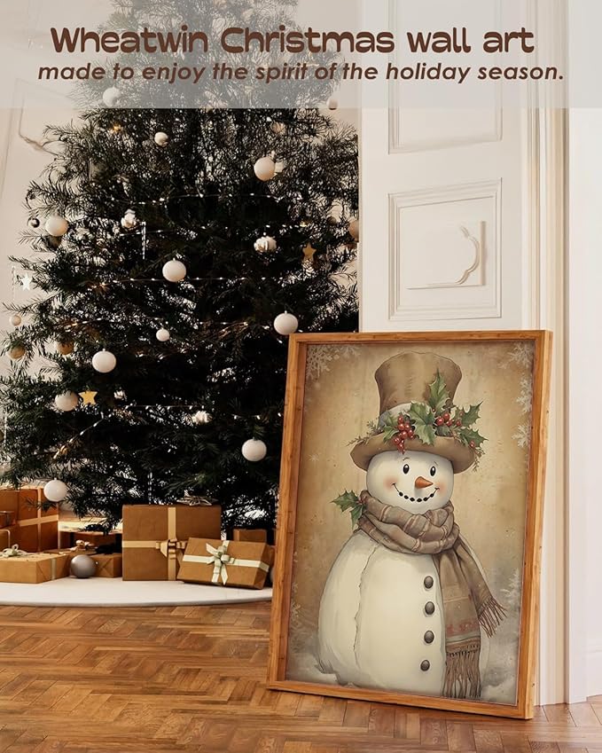 Wheatwin Vintage Christmas Wall Decor, Christmas Tree Snowman Wall Art Prints Set of 4, Boho Wall Decor for Bathroom Home Bedroom Living Room Office, 8x10 (Unframed)