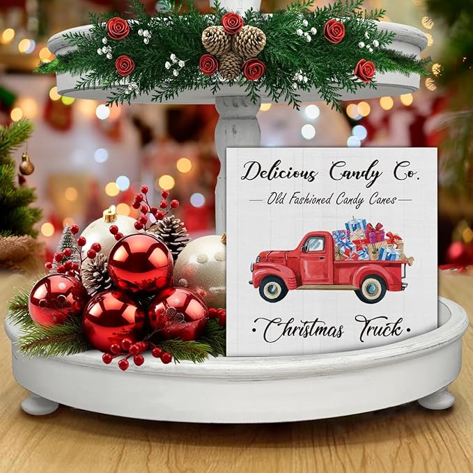 Rustic Christmas Decorations, Red Christmas Truck Wooden Sign Decor, Farmhouse Christmas Wooden Block Sign, Indoor Christmas Decor for Table Shelf 5 x 5 Inch