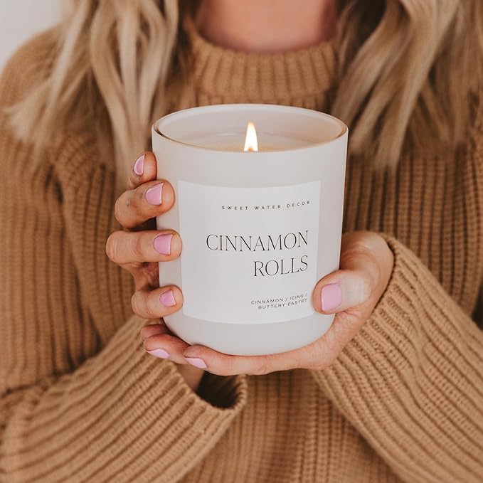 Sweet Water Decor Cinnamon Rolls Christmas Scented Candles - Christmas Stocking Stuffers Soy Candles Icing & Pastry Scent - Christmas Candles with 70 Hours Burn Time - 15Oz Tan Matte Jar Wax Candles