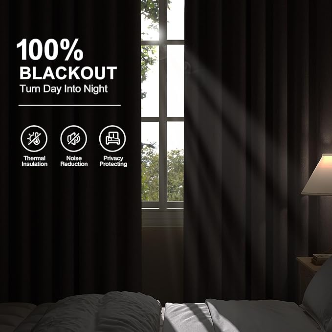 100% Blackout Curtains for Bedroom, Thermal Insulated Curtains 63 Inch Length Curtain 2 Panels, Luxury Soft Farmhouse Linen Textured Full Light Blocking Room Darkening Drapes, W52xL63, Brown