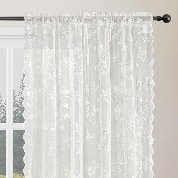 Sheer Lace Curtains 84 Inches Long, Vintage Floral Light Filtering Ivory Lace Curtains for Living Room & Bedroom, Rod Pocket, 2 Panels Set, Tiny Flower Pattern (Ivory, 52" W x 84" L)