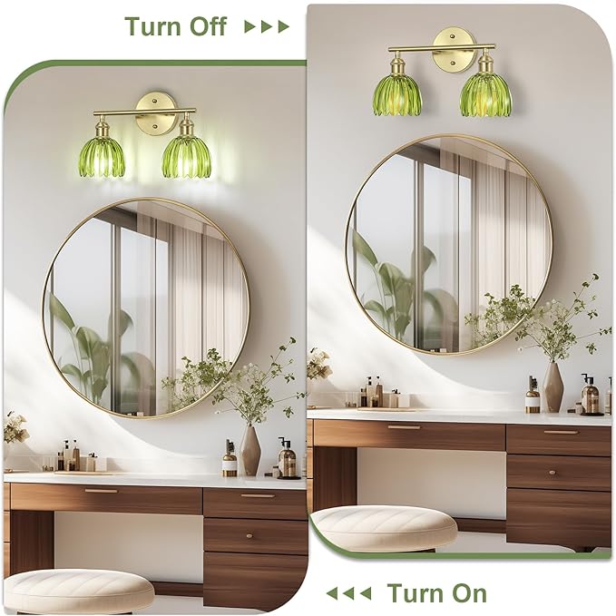Vintage Bathroom Light Fixtures,2-Light Hardwired Vanity Lights Over Mirror,Gold Wall Sconces with Green Tulip Glass Shade for Bathroom Living Room,E26 Socket(Bulbs Not Included)