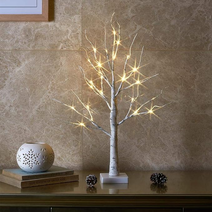 EAMBRITE Lighted Birch Tree Christmas Decorations for Home, White Birch Tree with Lights, 24 LED Lighted Mini Money Tree Twig Tree Battery Operated with Timer, Indoor Table Centerpiece Decor (2FT)