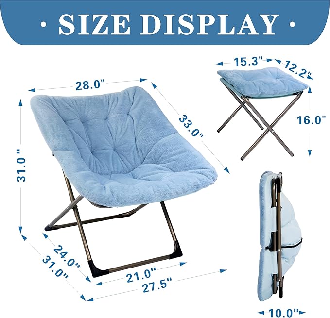 Kokel Plush Folding Chair and Ottoman Padded Metal Frame Living Room Chair (BLUE-TM19)