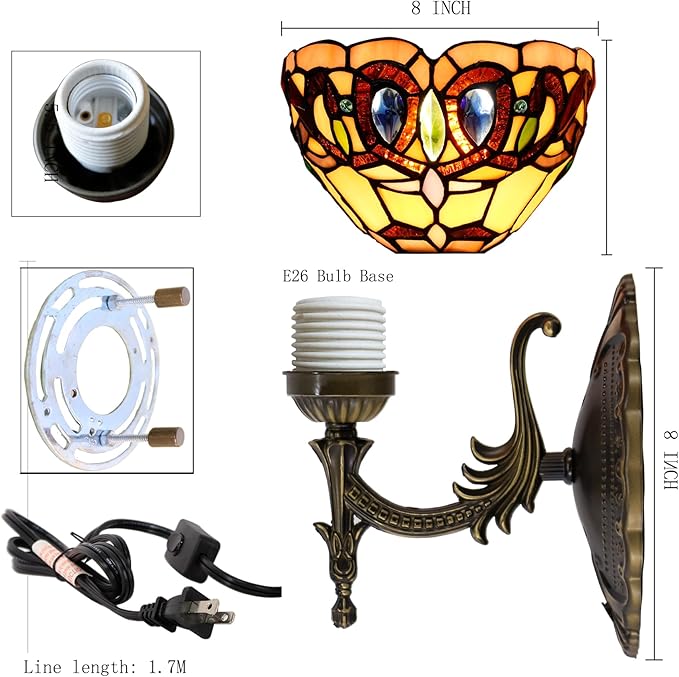 Tiffany Wall Sconce Lamp Blue Stained Glass Flower Style 8X10.5X11 Inch Plug in Wall Bedside Light for Hallway Bedroom (Serenity Victorian Style)