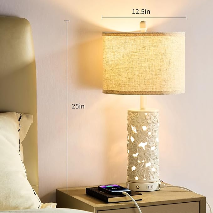 25.5" Modern Ceramic Table Lamp Bedroom Lamp for Bedside, 2 USB & AC Outlet with Night Light White Lamps Farmhouse Night Stand Lamps for Living Room Study Room Office