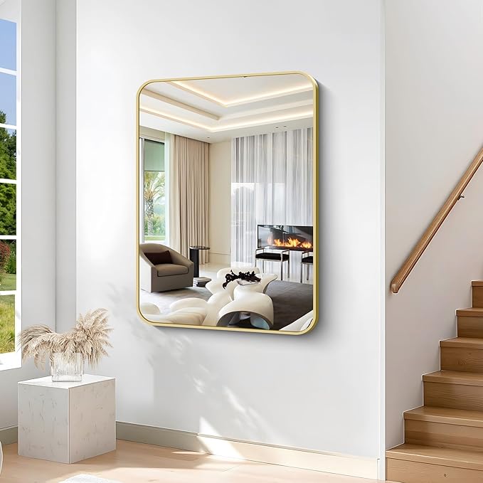 36"x48" Bathroom Mirror, Gold Rectangle Mirror, Large Rectangular Wall Mirror, Rounded Corner Vanity Mirror with Aluminum Metal Frame for Bathroom Bedroom Living Room Horizontal/Vertical