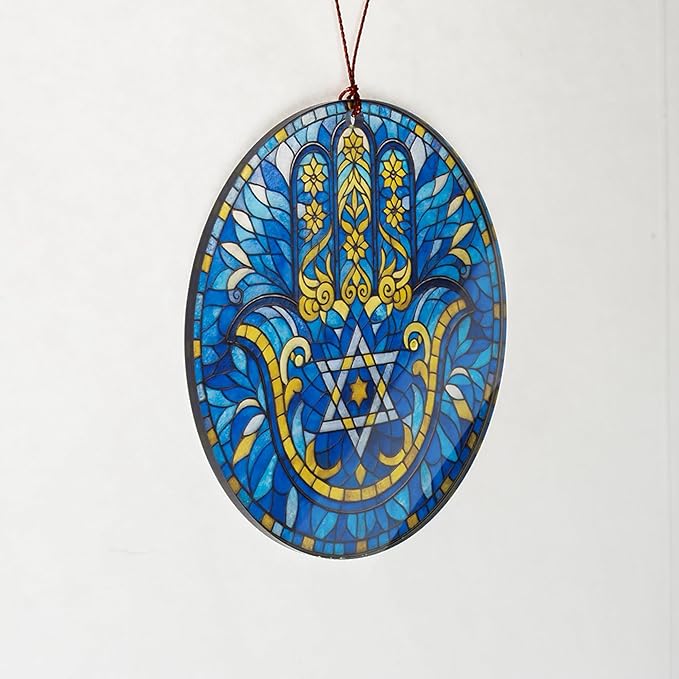 Hanukkah Ornaments Window Decorations with Hamsa Hand Design, Fatima Home Decor Ornament for Spiritual Good Luck, Housewarming Gifts for Mom Dad Friends, Jewish Holiday Decor, Hanukkah Gifts