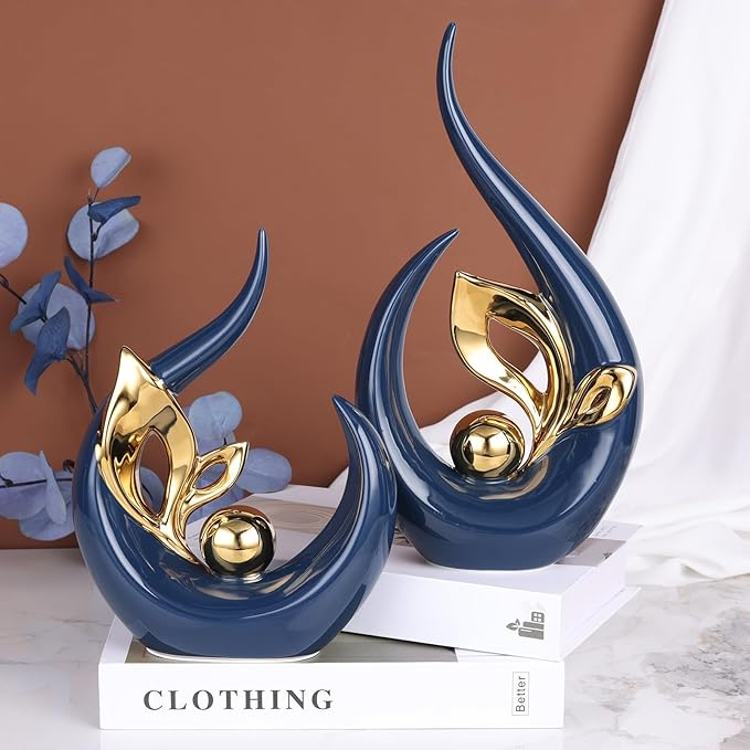 13" H Blue Gold Abstract Sculptures Home Decor, Ceramic Art Statue Cool Stuff to Put on Shelves&tv Stand Decor, Gold Accent Entertainment Center, for Fireplace Coffee Table Dining Table Decorate