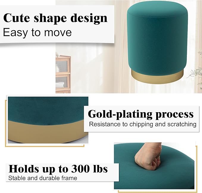DAGONHIL Modern Round Pink Velvet Ottoman,Upholstered Floor Stools with Gold Plating Base,Accent Makeup Stool for Living Room,Bedroom and Kids Room,Pack of 1(Blue Green)