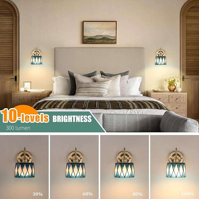 Vintage Battery Operated Wall Sconce Set of 2, 5000mAh Rechargeable Wall Lamp 12 RGB Colors Dimmable, Gold Lights Fixture for Bedroom Bathroom Living Room Hallway Blue Checker