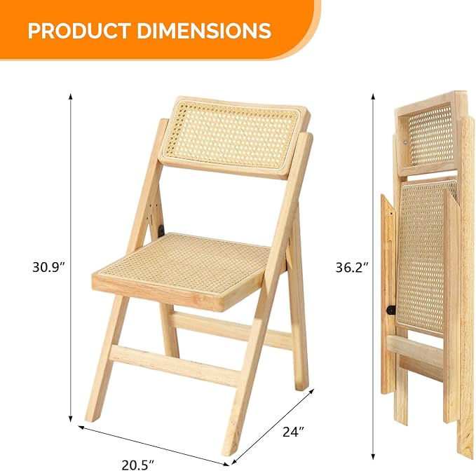VINGLI 4 Pack Rattan Dining Chair, Wood Folding Chair with 360° Swivel Backrest, Rubberwood Frame and Rattan Woven Seat and Back, Natural Color, Set of 4