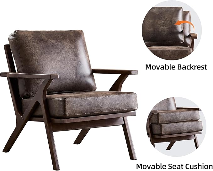INZOY Mid-Century Modern Accent Chair Set of 2, Breathable PU Leather Living Room Chair and Soft Thick Padded Armchair for Living Room Bedroom Reception with Removable Upholstered Cushions, Dark Grey