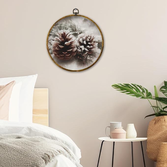 QZQE Vintage Winter Snowy Pinecone Round Wall Art Decor Framed, Rustic Christmas Cottagecore Farmhouse Circle Canvas Prints, Cozy Xmas Holiday Wall Hanging Decor for Home Bedroom Living Room, 10x10 Inch