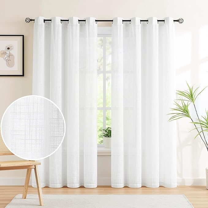 White Sheer Curtains for Living Room 72" Long Wrinkle Free Linen Textured Window Drapes for Bedroom Not See Through Light Filtering Curtain Panels 54”w x 1 Pair Rod Pocket