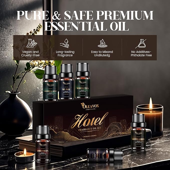 Hotel Diffuser Oils Gift Set, Essential Oils for Diffusers for Home, Luxury Fragrance Oil Set, Candle & Soap Making Scents, Jasmine & Mint, White Tea, My Way, Dream On, Hotel Lobby, Crystallé