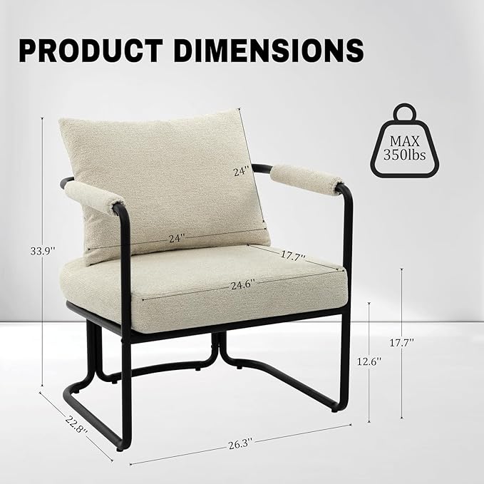 Mid-Century Modern Accent Chair, Comfy Upholstered Lounge Arm Chair with Chenille Fabric for Living Room, Bedroom, Apartment, Reading Corner, Office, Cream Beige