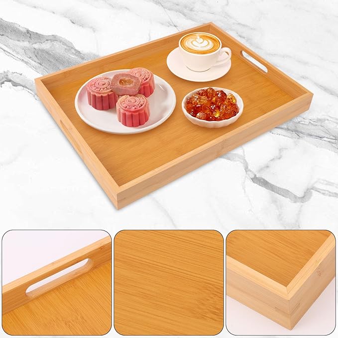 3 Pack Large Bamboo Serving Tray with Handles - 16 x 11.6 Inch Wooden Dinner Tray, Home Kitchen Decorative Tray, Breakfast Trays for Eating on Couch, Lap Trays, Coffee, Kitchen, Picnic