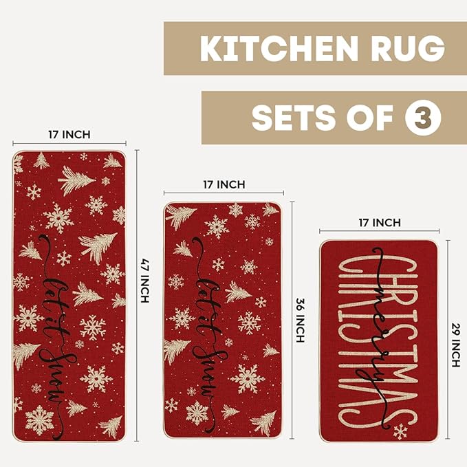 Artoid Mode Xmas Trees Snowflake Let It Snow Merry Christmas Kitchen Mats Set of 2, Winter Decor Low-Profile Kitchen Rugs - 17"x29"+17"x36"+17"x47"