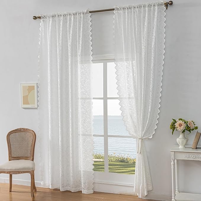 White Lace Sheer Curtains – Vintage Floral Lace for Bedroom/Kitchen, Victorian Privacy Light Filtering Rod Pocket Drapes, Delicate Chic Window Treatments Scalloped Hem, 52W x 54L Inch, 2-Panel
