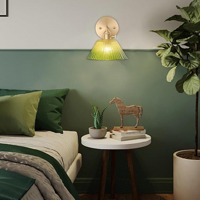 Hardwired Wall Sconce Light, Vintage Wall Sconce with Switch, Gold Wall Light Fixture with Gradient Green Glass Lampshade, Indoor Wall Light for Bedroom Bathroom, Bedside Wall Lamp