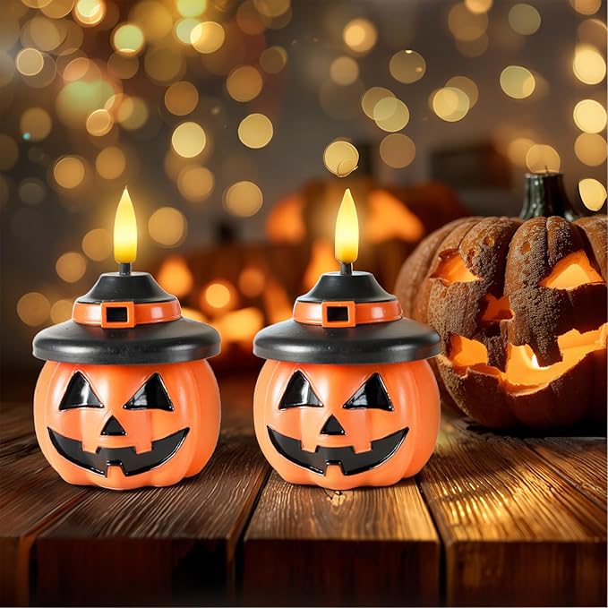Homemory Real Wax Pumpkin Candles, 2 Pcs Flickering Flameless Candles with 6hrs Timer, LED Halloween Pumpkin Lamp, Battery Operated Lights for Home Halloween Decor, Theme Party, Orange