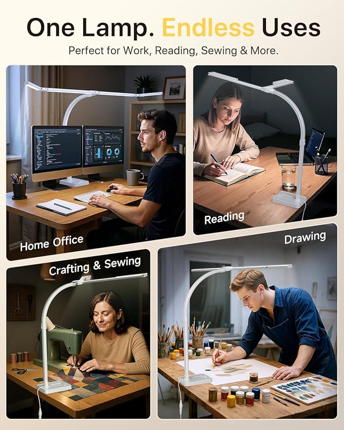 ONEMIX 42" LED Desk Lamp for Home Office, Eye-Caring Desk Light with Adjustable 4-Segment Bar, 1800LM Bright, Remote, Architect Table Lamp with Base for Dual Monitors, Reading, Study, Workbench(White)