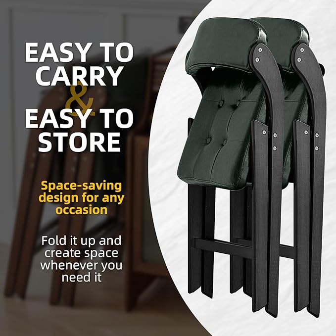 Wood Folding Chairs with Padded Seats, Wooden Folding Chairs Set of 2, Foldable Dining Chair with Cushion, Stackable Extra Chair for Indoor Outside Events, Party, Wedding (Black Green)