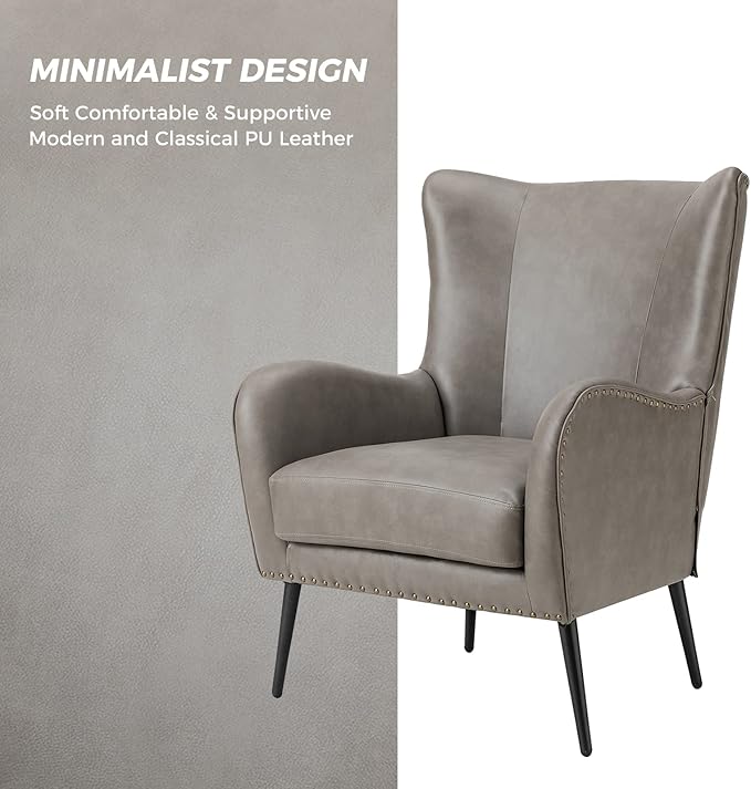 HULALA Home Faux Leather Accent Chair w/Removable Cushion, Comfy Upholstered Armchair with Black Metal Legs & Nailhead Trim Wingback Vanity Chair Desk Chair for Reading Living Room Bedroom, Grey