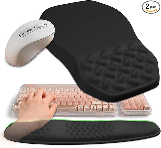 2-in-1 Ergonomic Set, Wave Keyboard Wrist Rest and Massage Slope Mouse Pad Wrist Support, Rebound Memory Foam for Relieve Carpal Tunnel Syndrome and Wrist Pain (Black)