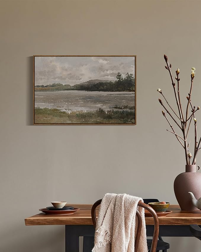 VIYYIEA Vintage Nature Large Framed Wall Art, Lakeside Landscape Paintings Art Decor Aesthetic, Canvas Print Artwork, Retro Scenery Wall Pictures for Bedroom Bathroom Office 20x30 Inch