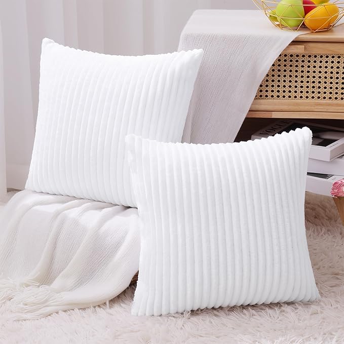 Simmore Decorative Fall Throw Pillow Covers 18x18 Set of 2, Soft Natural Plush Flannel Double-Sided Fluffy Couch Pillow Covers for Sofa Living Room, White