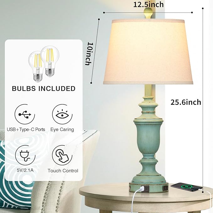 25.6" Farmhouse Table Lamps Set of 2 with USB C+A Ports & AC Outlet for Rustic Living Room Retro Bedroom,3-Way Dimmable Touch Lamp Bedside Lamps for Nightstand Side End Table,Retro Green