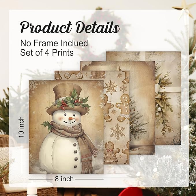 Wheatwin Vintage Christmas Wall Decor, Christmas Tree Snowman Wall Art Prints Set of 4, Boho Merry Christmas Wall Decor for Home Bedroom Living Room Office, 8x10 (Unframed)