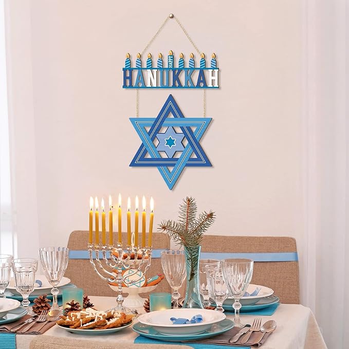 HPNIUB Happy Hanukkah Welcome Door Sign, Chanukah Candlestick Star Wooden Hanging Plaque, Blue Festival Front Door Hanger for Indoor Outdoor Home Porch Window Decor
