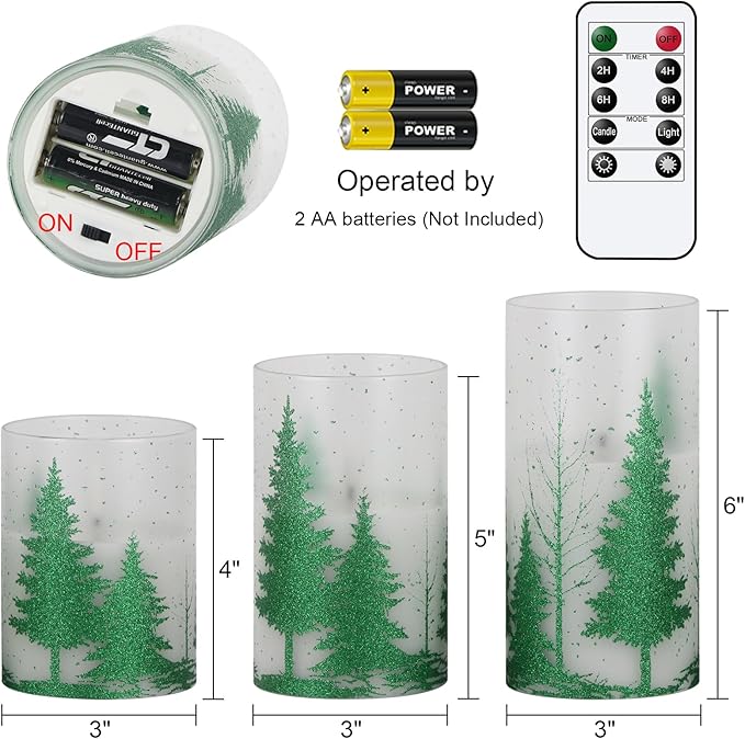 DRomance Christmas Tree Glass Flameless Candles with Remote Timer Battery Operated Real Wax 3D Wick LED Flickering Pillar Candles Christmas Holiday Decor(Green, 3 x 4,5,6 Inch)
