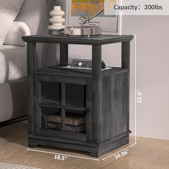 HIFYOBRO 18'' End Table with Charging Station, Adjustable Shelf & Storage, Modern Farmhouse Nightstand for Bedroom, Living Room, Office