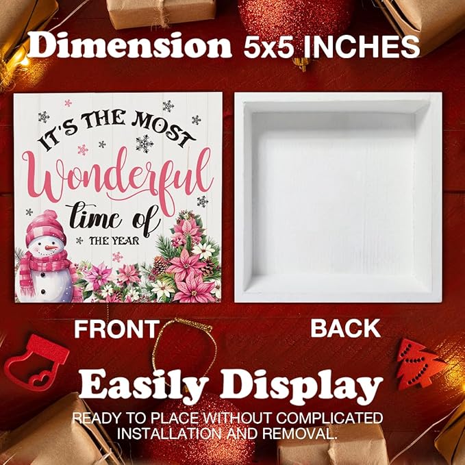 Indoor Christmas Decorations, It's the Most Wonderful Time of the Year Wooden Sign, Snowman Wooden Block Sign, Farmhouse Christmas Decor for Table Shelf 5 x 5 Inch