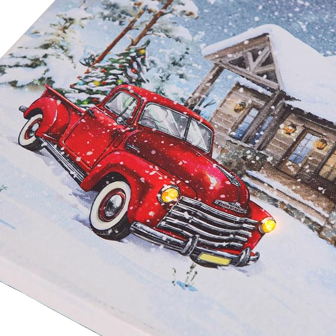NIKKY HOME 16" x 12" Christmas LED Lighted Canvas Wall Art Prints Light Up Red Truck House and Snowman Picture Winter Snow Scene for Holiday Decor