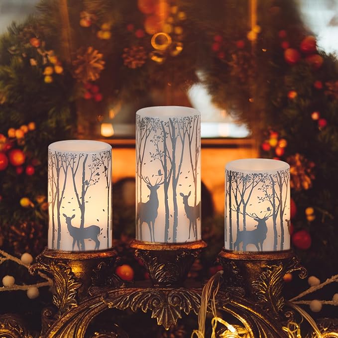 DRomance Silver Deer Flameless Flickering Candles Battery Operated with 6H Timer, 3 Pack Real Wax Warm Light LED Pillar Candles Dinner Tabletop Holiday Centerpiece Decor 3" x 6"