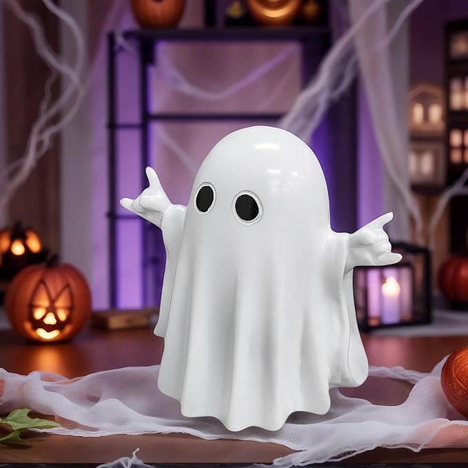 Halloween Funny Ghost Figurine with Rock Hand– Glossy Resin Halloween Ghost Decor, Spooky Home Decorations for Music Lovers, Gothic Desk Ornament, Novelty Rock and Roll Gift
