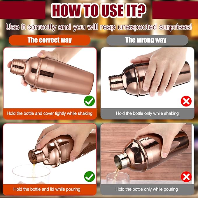 Nitial 6 Pcs Bar Cocktail Shaker Professional Stainless Steel Martini Drink Mixer Built-in Strainer for Bartending No Leaks Shaker for Bar Party Drink Mixer (Rose Gold,18.6 oz)