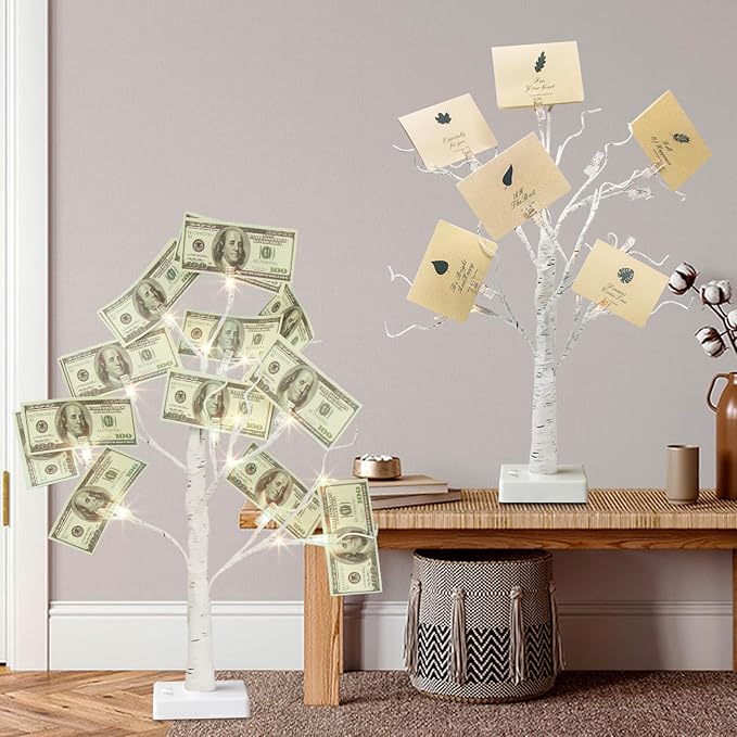EAMBRITE Money Tree Gift Holder, Lighted Birch Tree 2FT 24LED, Battery/USB Powered Timer Light Up Display Twig Gift Card Tree with 6 Clear Clips and 6 Cards for Home Christmas Graduation Photo Memo