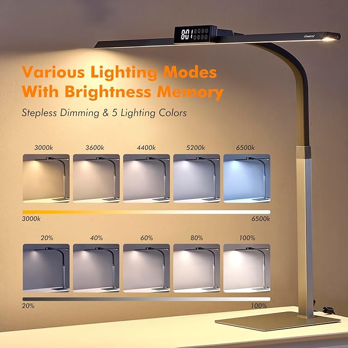 G Keni 3400LM Ultra Bright LED Desk Lamp with Clock for Home Office, 31.5″W x 27″H, 25W Auto-Fill Brightness Desk Light with Timer, Touch Gooseneck Architect Lights for Work Study Read (Base)