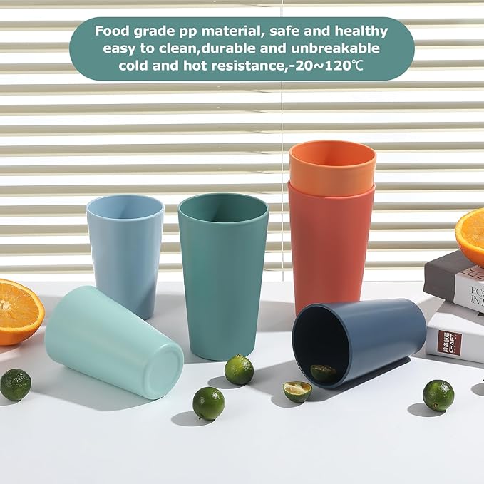 24 Pcs Unbreakable Plastic Cups Set, 12 Pcs 14 oz and 12 Pcs 20 oz Reusable Plastic Cups, Stackable Water Tumblers, Drinking Cup for Kitchen, BPA-free, Dishwasher and Microwave Safe, 6 Colors