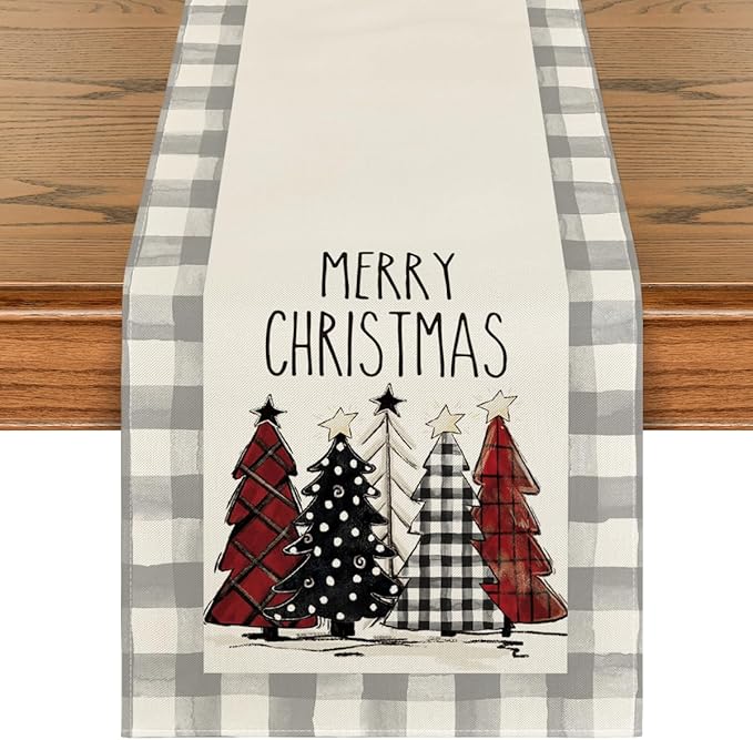 Artoid Mode Waterclor Grey Buffalo Plaid Christmas Trees Merry Xmas Table Runner, Seasonal Winter Holiday Kitchen Dining Table Decoration for Indoor Outdoor Home Party Decor 13 x 120 Inch