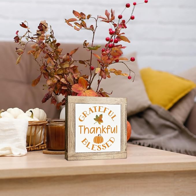 Pumpkin Decors, Grateful Thankful Blessed Signs, Thanksgiving Decors Art, Autumn Home Office Decor, Farmhouse Table Shelf Decoration, Box Sign Wood Desk Sign Decor 5.9X5.9X0.7inches