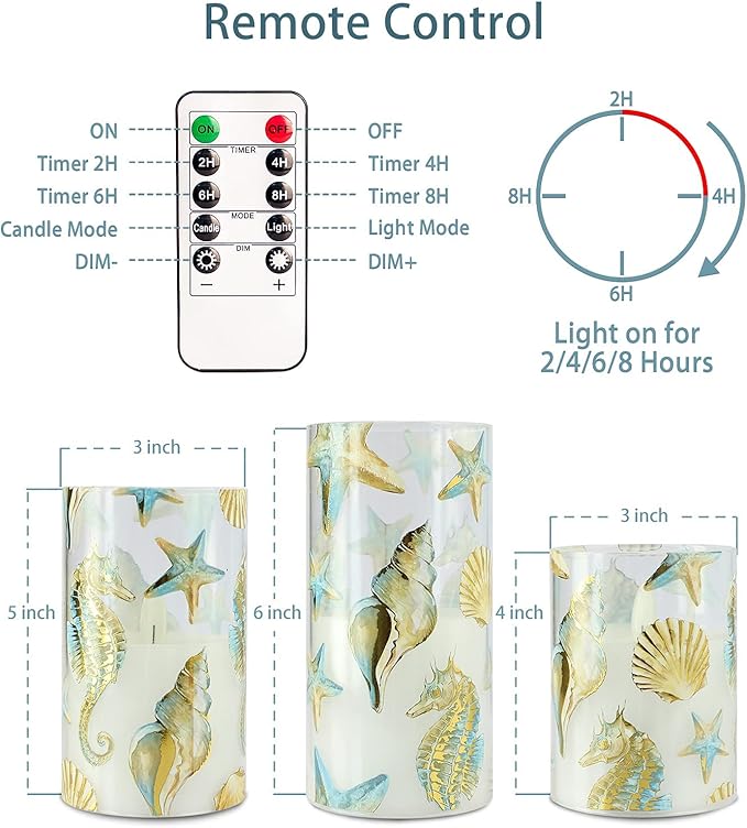 Flameless Candles x3 with Set Remote Christmas Bronzing Glass Golden Seahorse Shell Starfish Ocean Timer 24hrs-Cycled Home Decor Gift Wedding Party Room Table Centerpieces