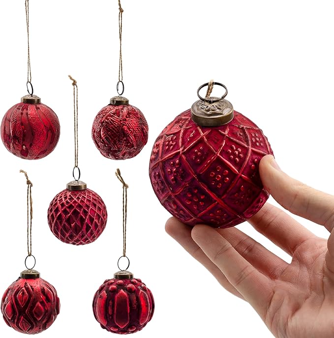 AuldHome Design Farmhouse Ball Ornaments (Set of 6, Red); Distressed Metal Glass Ball Vintage Style Christmas Decorations